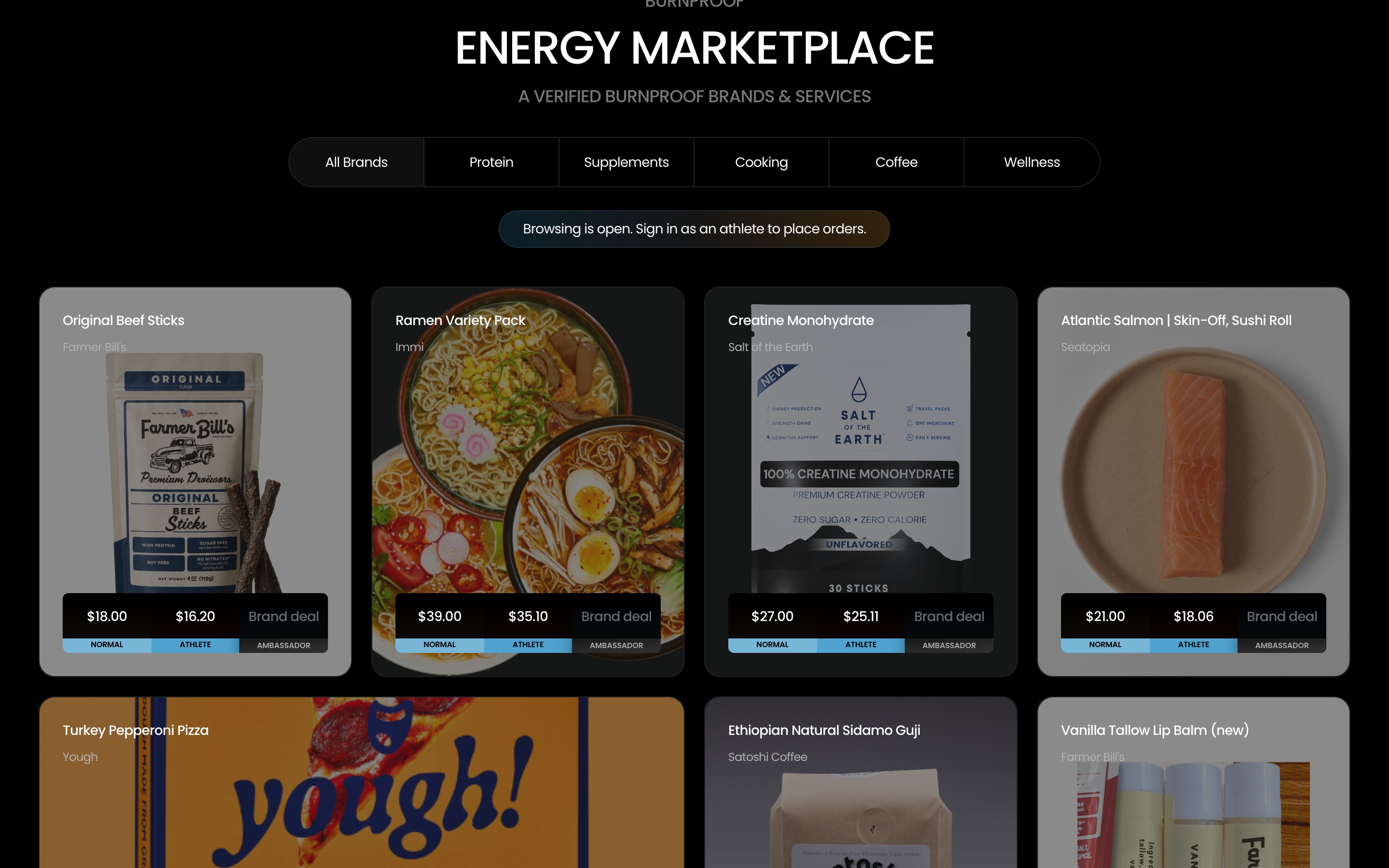 The Burnproof Energy Marketplace with athlete pricing